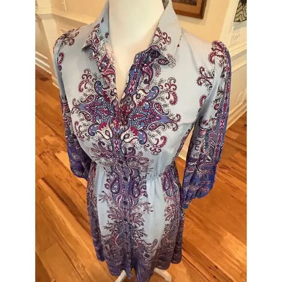 Loft Paisley Midi Shirt Dress - Blue & Purple - Petite XS - Picture 4 of 10